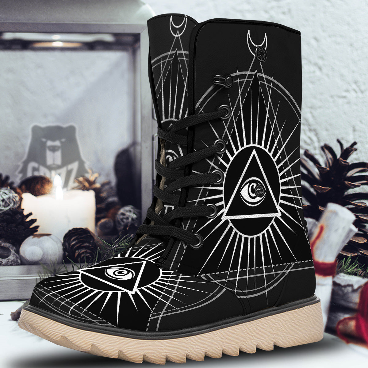 All Seeing Eye White And Black Print Snow Boots-grizzshop