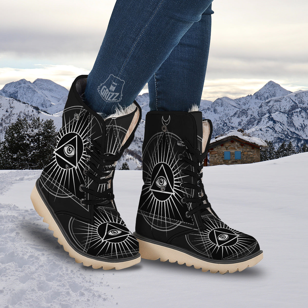 All Seeing Eye White And Black Print Snow Boots-grizzshop