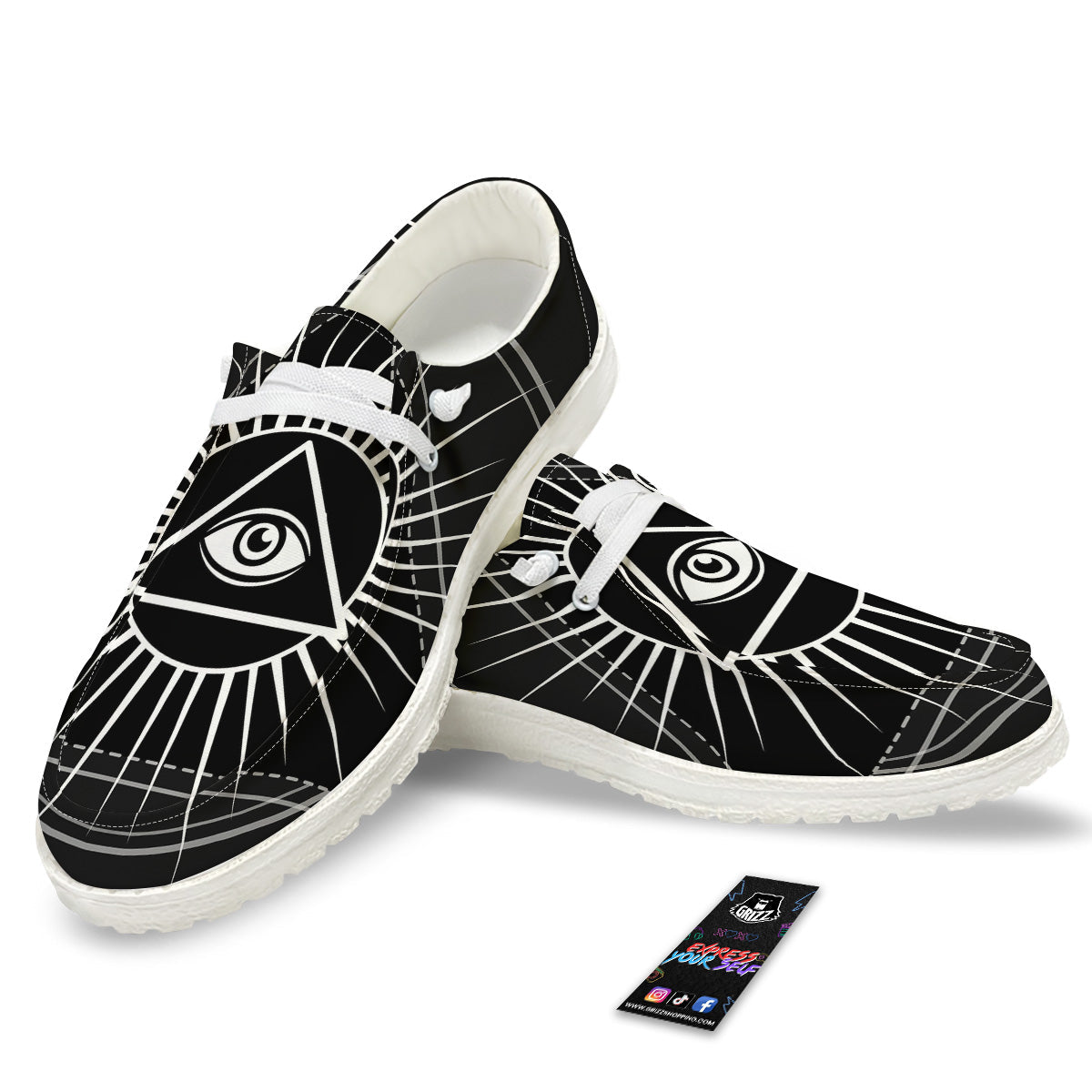 All Seeing Eye White And Black Print White Loafers-grizzshop