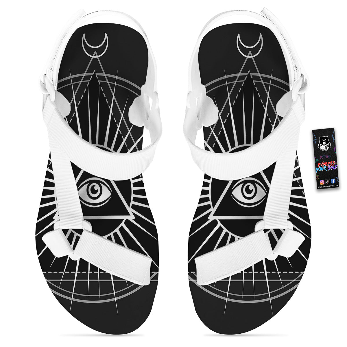 All Seeing Eye White And Black Print White Open Toe Sandals-grizzshop