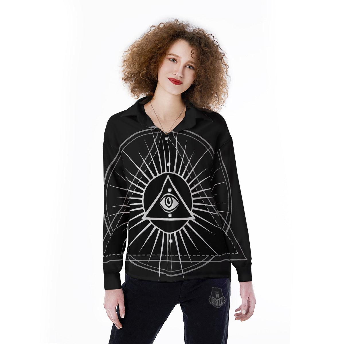 All Seeing Eye White And Black Print Women's Long Sleeve Shirts-grizzshop