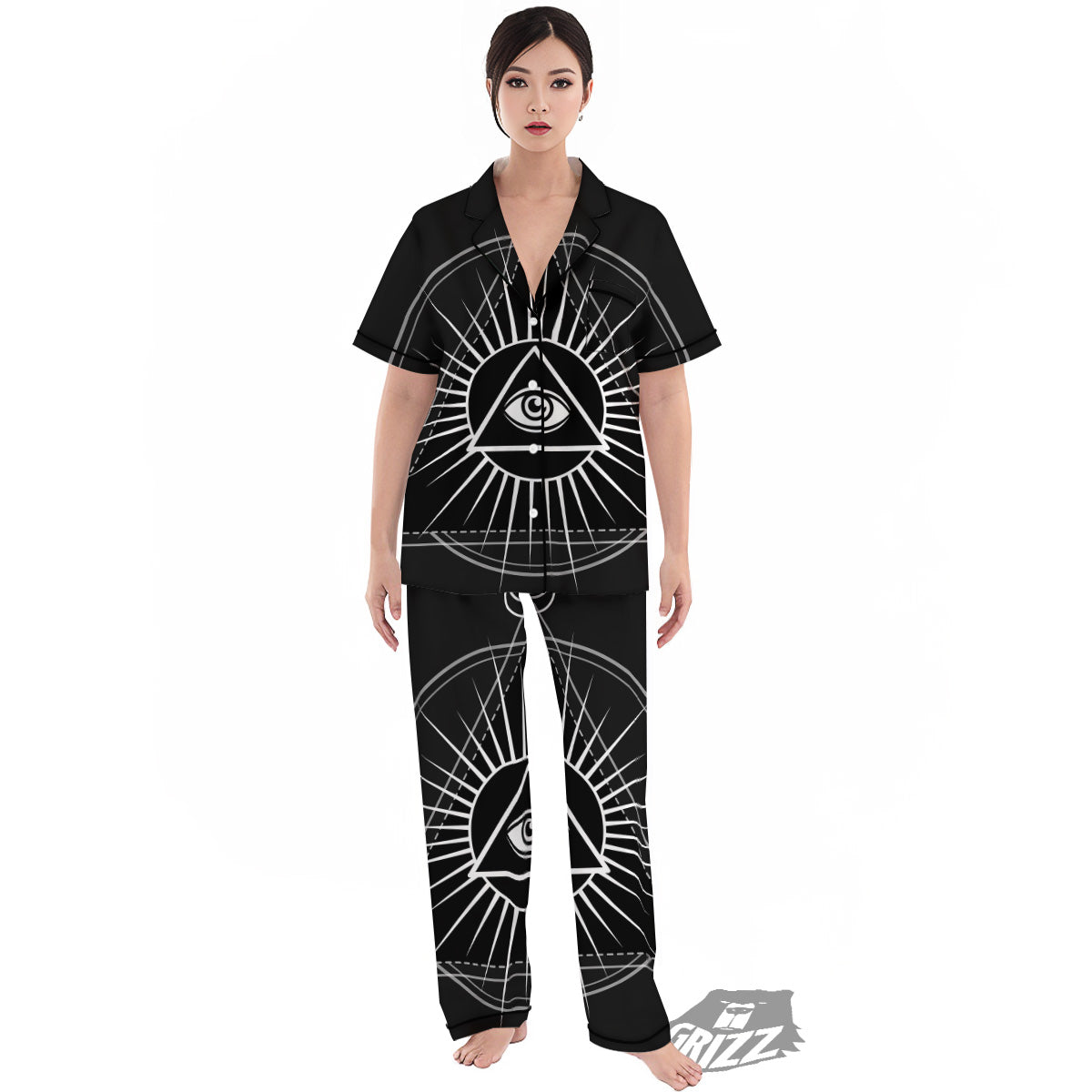 All Seeing Eye White And Black Print Women's Pajamas Set-grizzshop