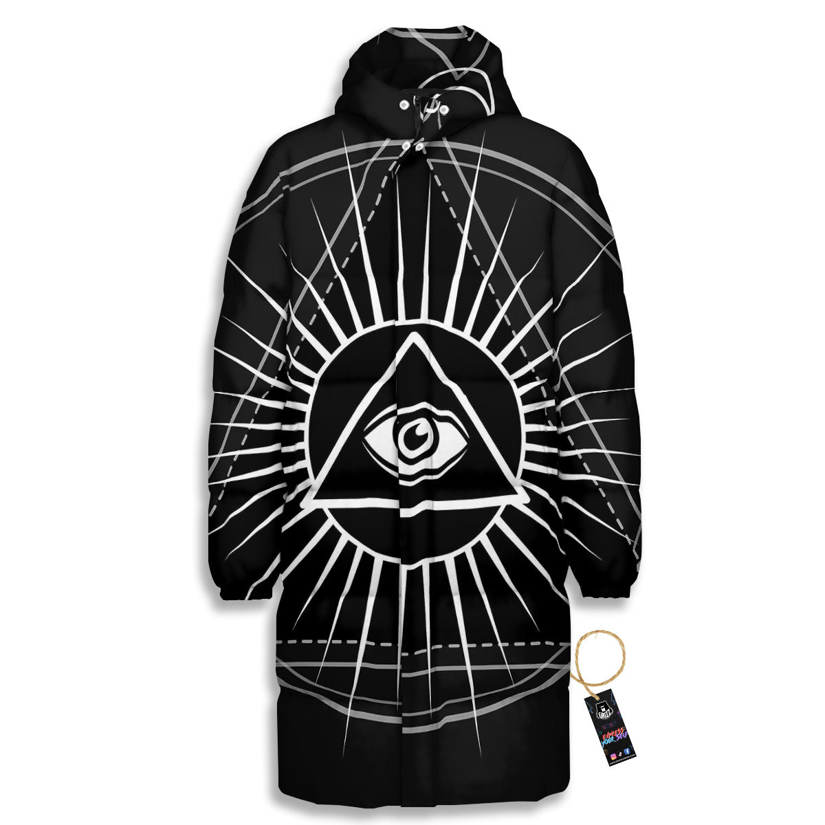 All Seeing Eye White And Black Print Long Down Jacket