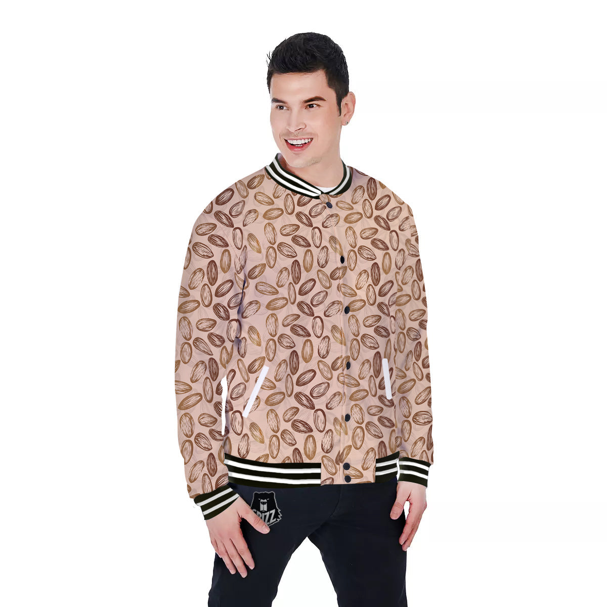 Almond Beige Print Pattern Baseball Jacket-grizzshop