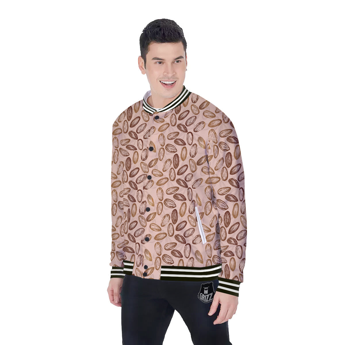 Almond Beige Print Pattern Baseball Jacket-grizzshop