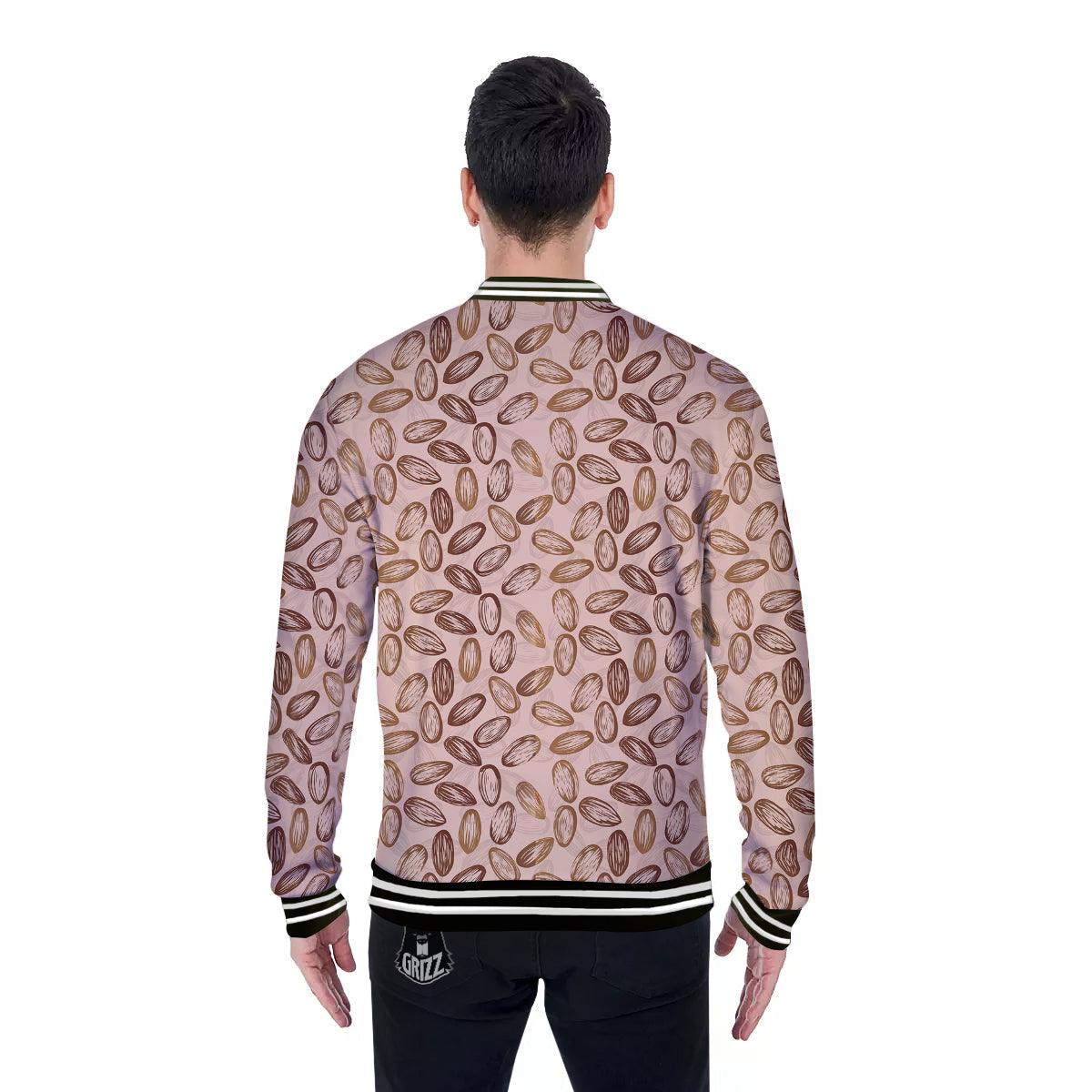 Almond Beige Print Pattern Baseball Jacket-grizzshop