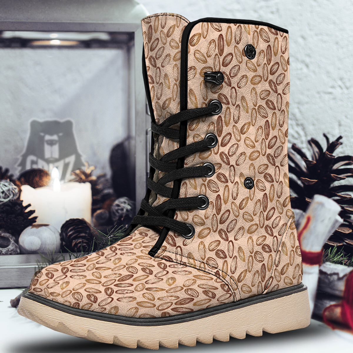 Almond Beige Print Pattern Snow Boots-grizzshop