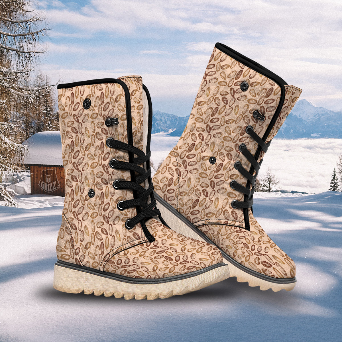 Almond Beige Print Pattern Snow Boots-grizzshop