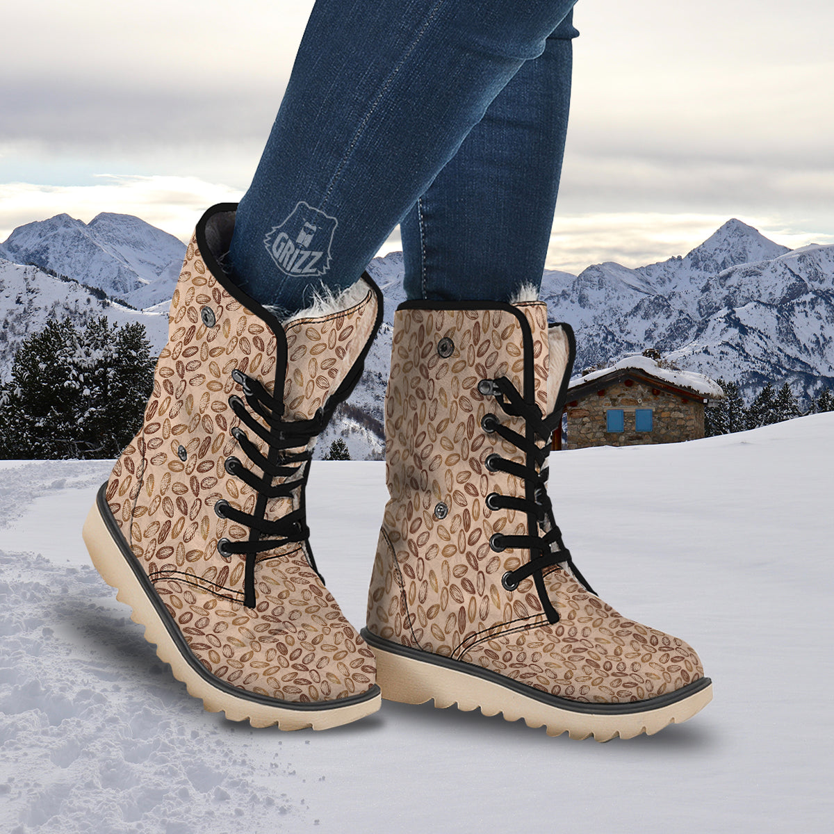 Almond Beige Print Pattern Snow Boots-grizzshop