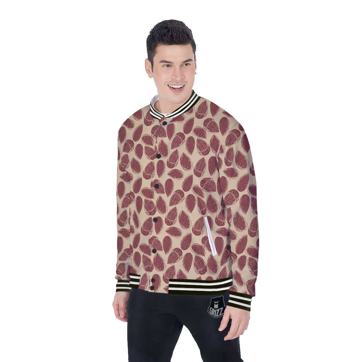 Almond Vintage Print Pattern Baseball Jacket-grizzshop