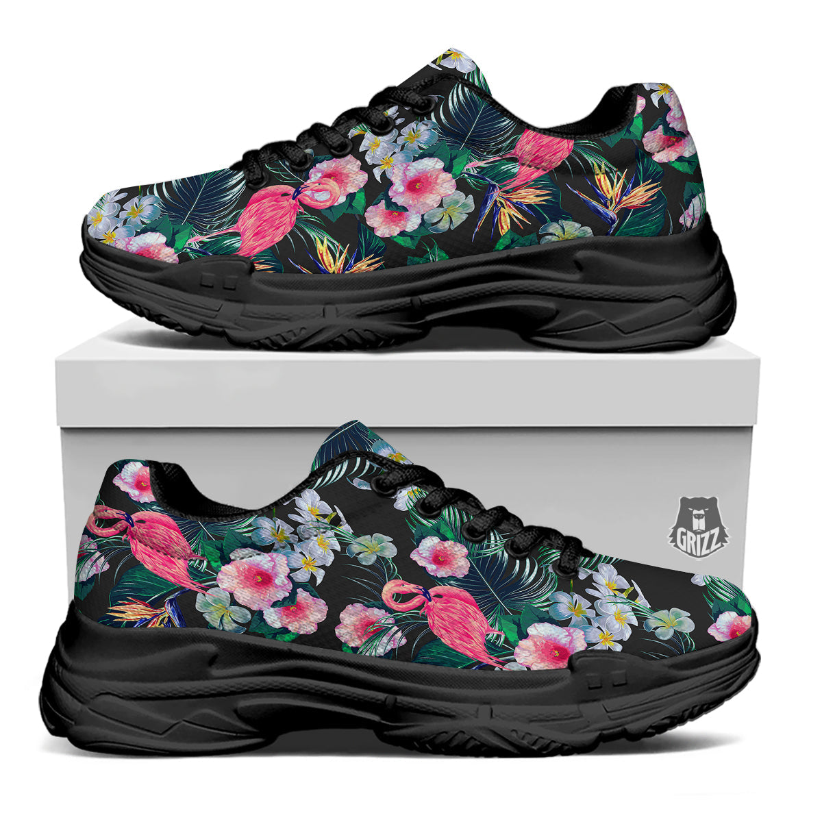 Aloha Flamingo Tropical Print Pattern Black Chunky Shoes-grizzshop