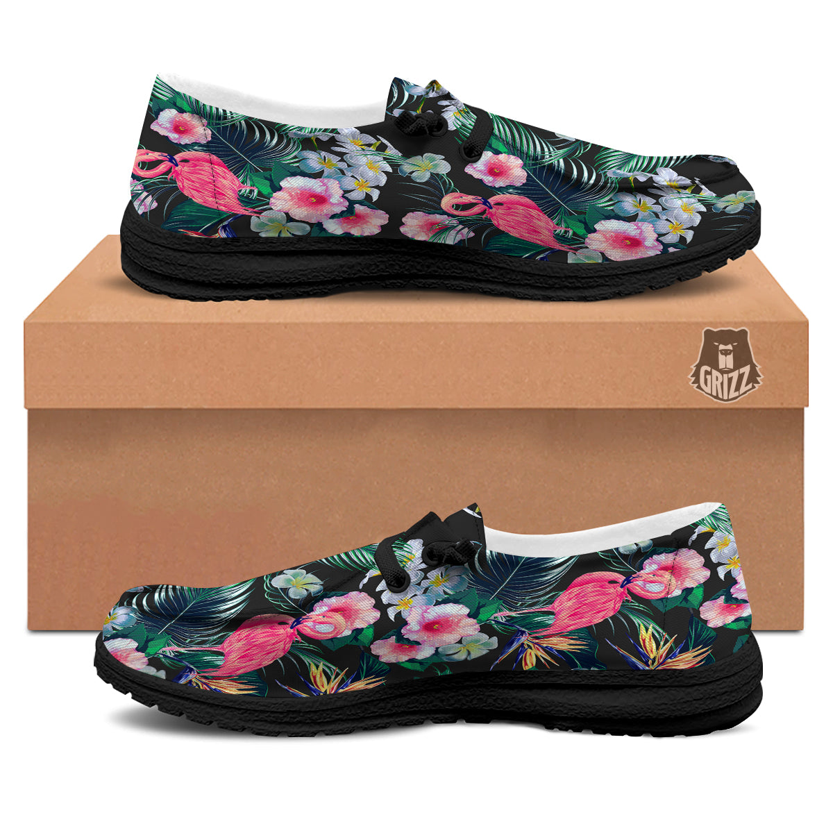 Aloha Flamingo Tropical Print Pattern Black Loafers-grizzshop
