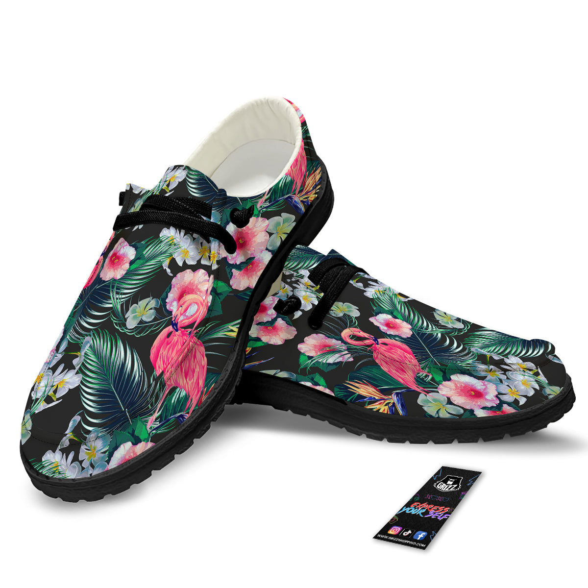 Aloha Flamingo Tropical Print Pattern Black Loafers-grizzshop