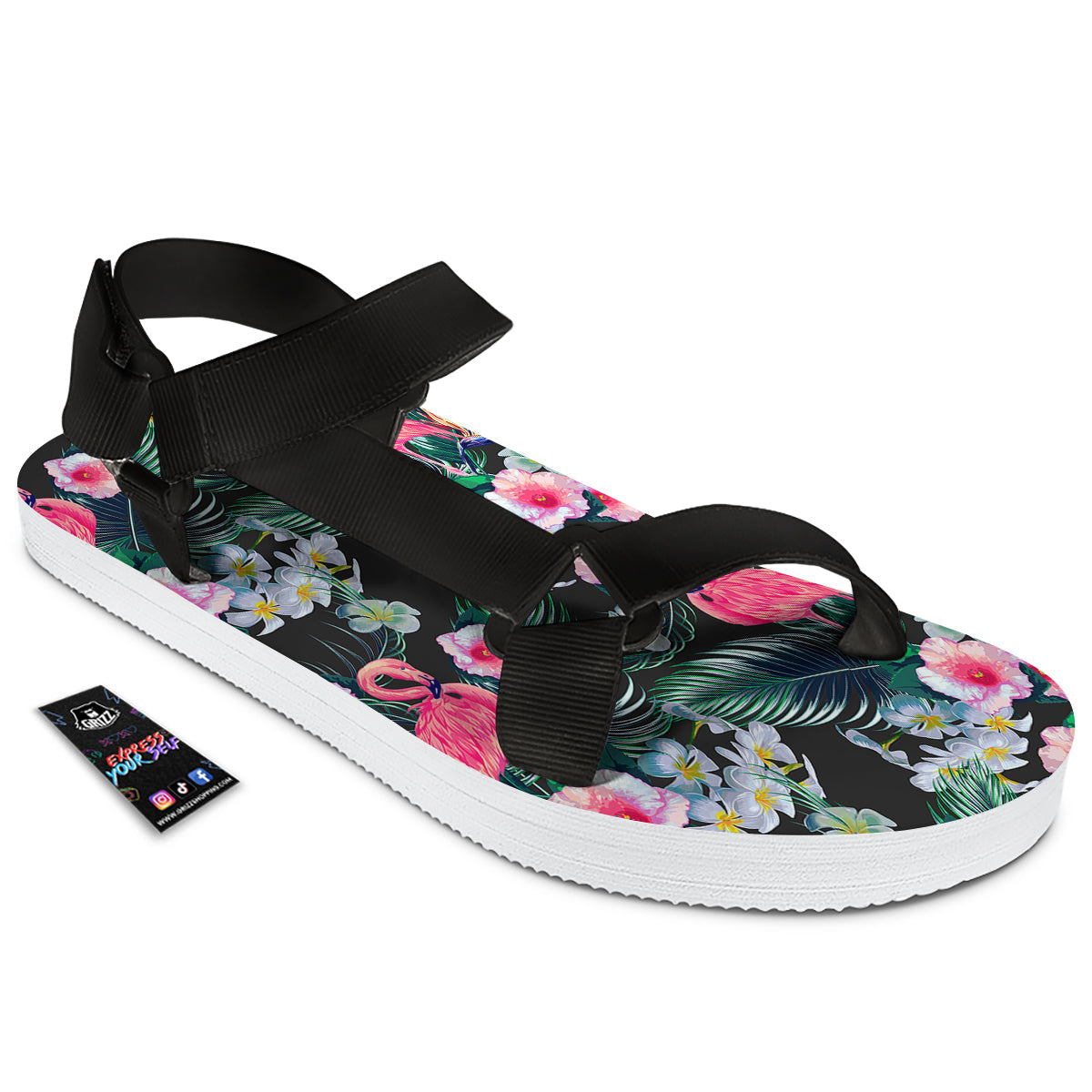 Aloha Flamingo Tropical Print Pattern Black Open Toe Sandals-grizzshop