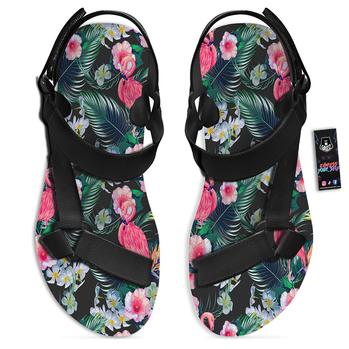 Aloha Flamingo Tropical Print Pattern Black Open Toe Sandals-grizzshop