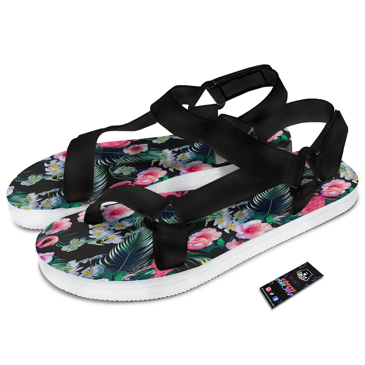 Aloha Flamingo Tropical Print Pattern Black Open Toe Sandals-grizzshop