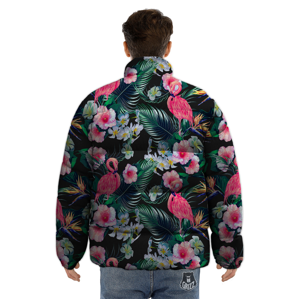 Aloha Flamingo Tropical Print Pattern Puffer Jacket-grizzshop