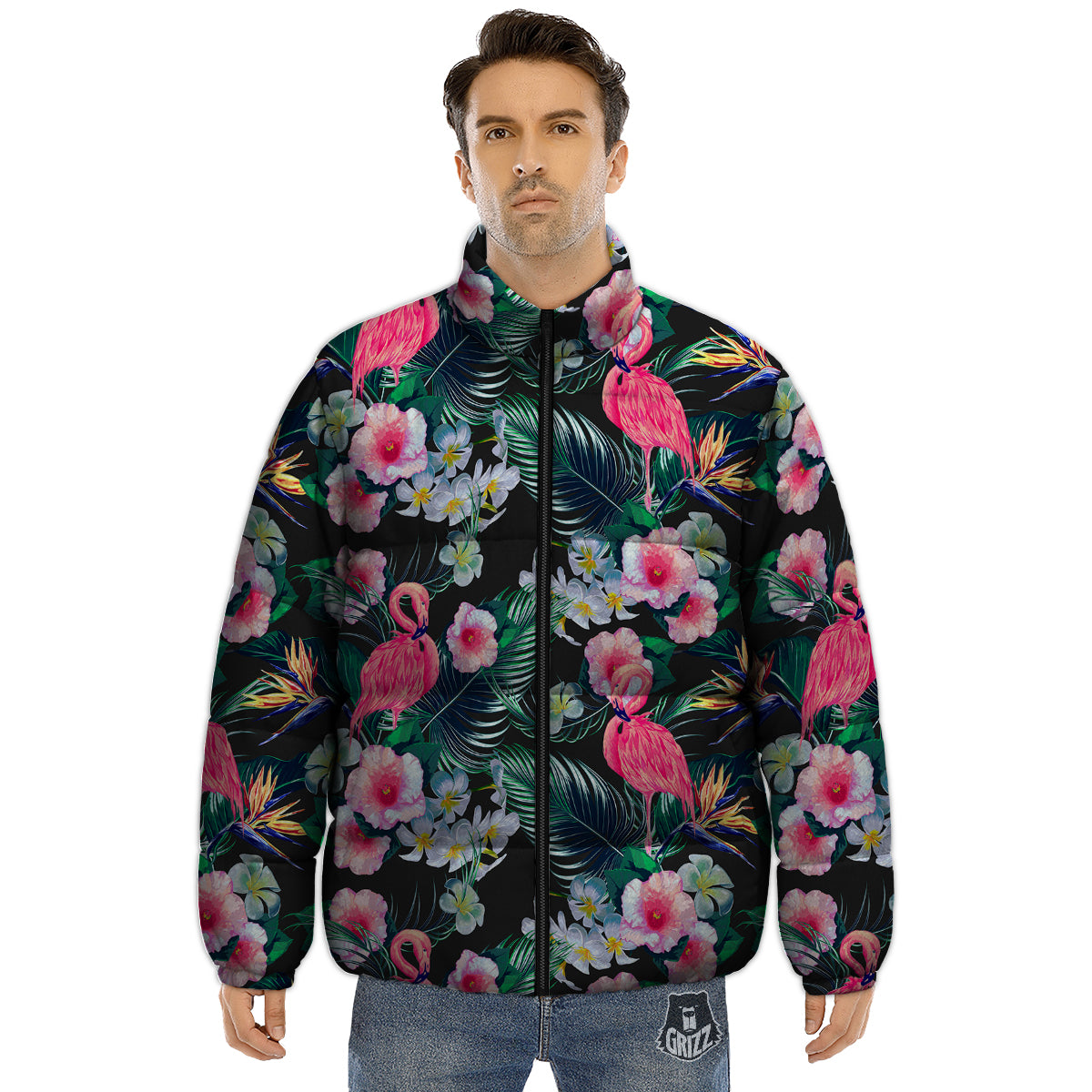 Aloha Flamingo Tropical Print Pattern Puffer Jacket-grizzshop