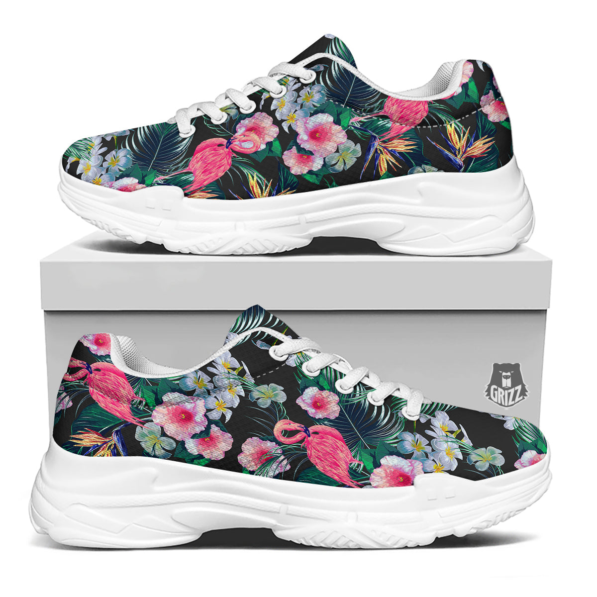 Aloha Flamingo Tropical Print Pattern White Chunky Shoes-grizzshop
