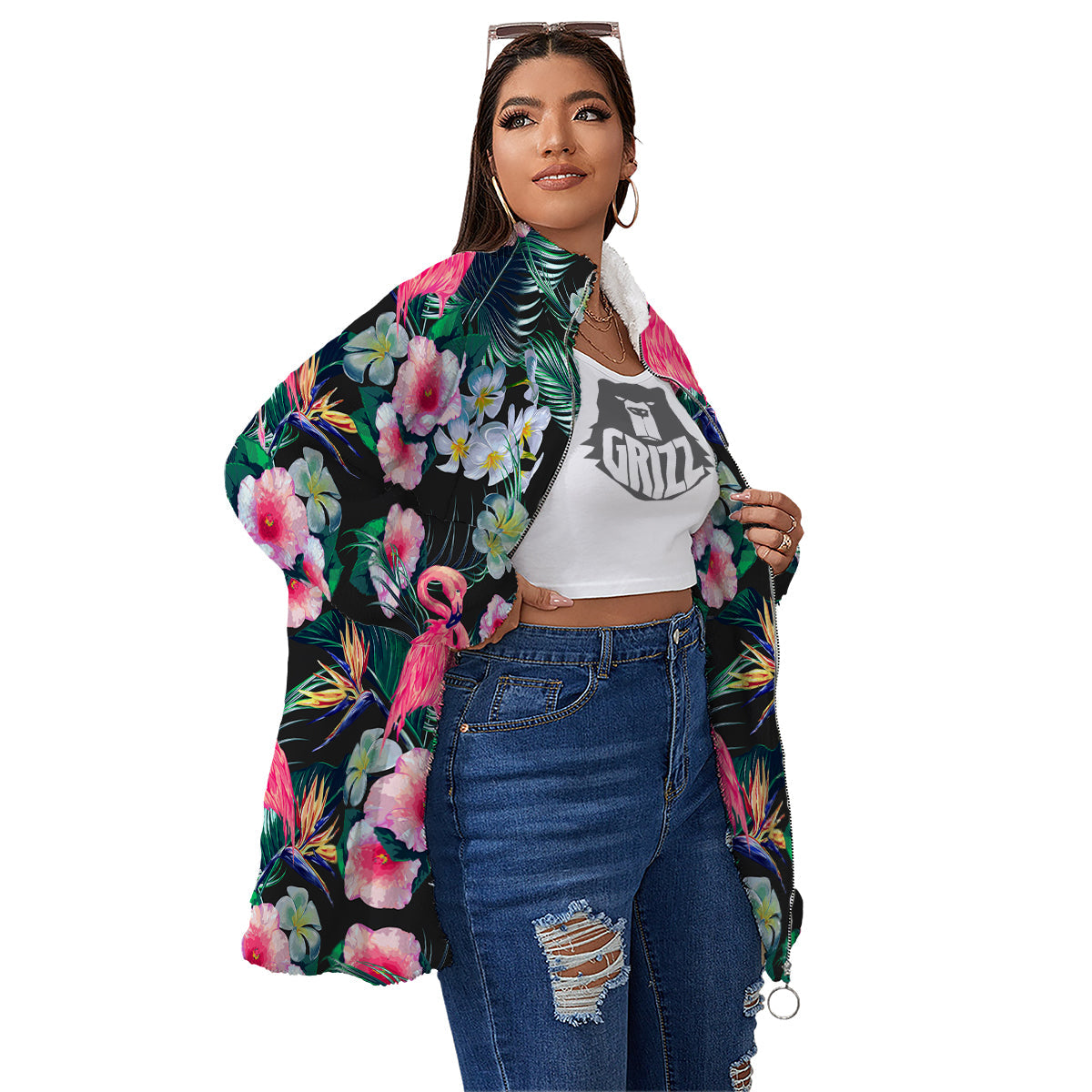 Aloha Flamingo Tropical Print Pattern Women's Sherpa Jacket-grizzshop