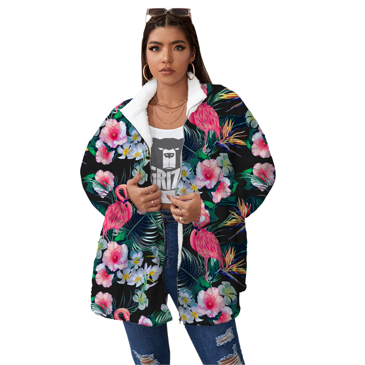 Aloha Flamingo Tropical Print Pattern Women's Sherpa Jacket-grizzshop