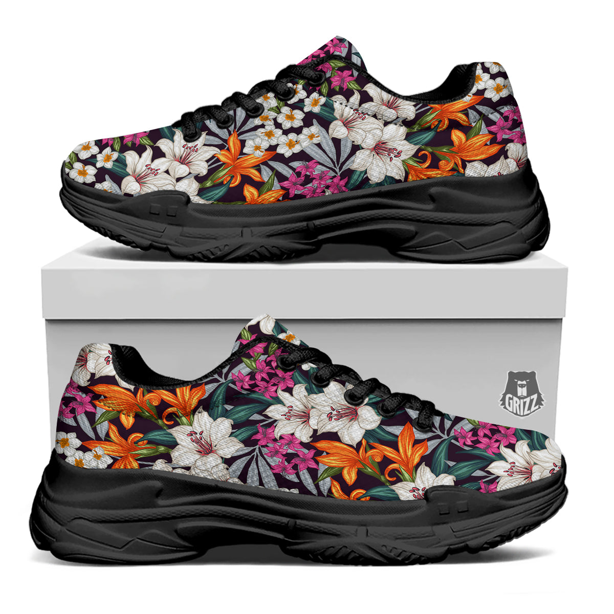 Aloha Flower Tropical Print Pattern Black Chunky Shoes-grizzshop