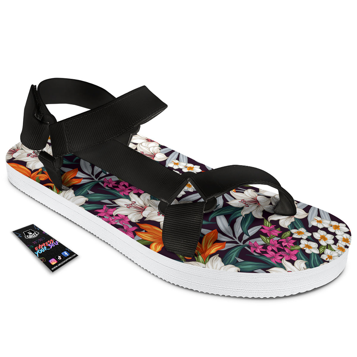 Aloha Flower Tropical Print Pattern Black Open Toe Sandals-grizzshop