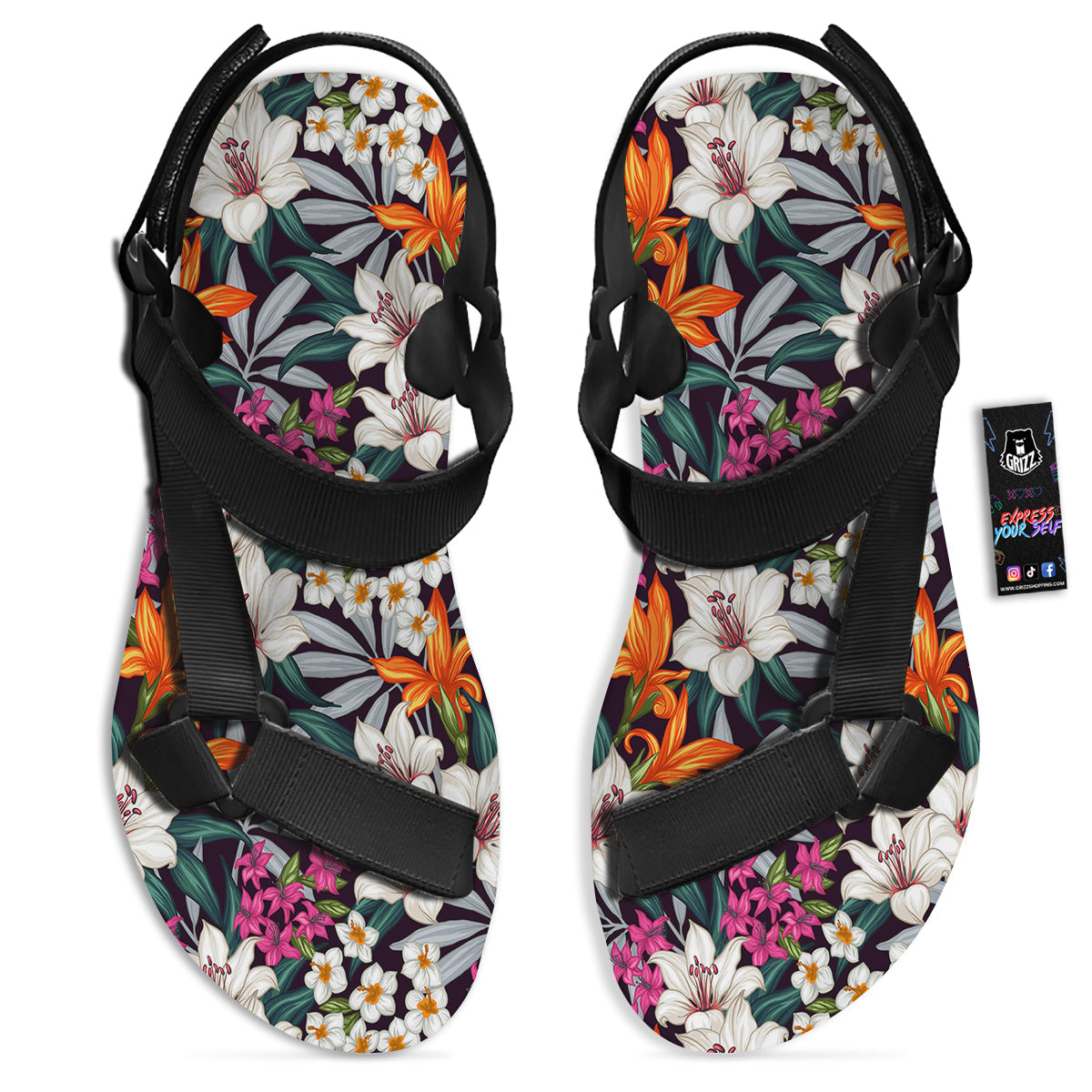Aloha Flower Tropical Print Pattern Black Open Toe Sandals-grizzshop