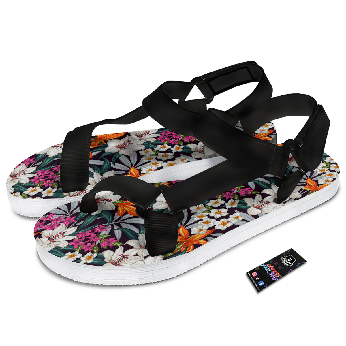 Aloha Flower Tropical Print Pattern Black Open Toe Sandals-grizzshop