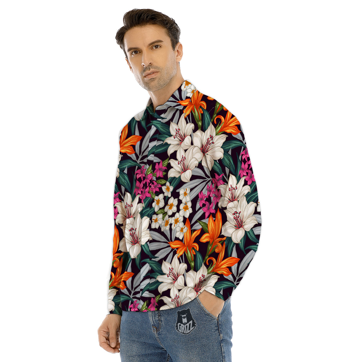 Aloha Flower Tropical Print Pattern Men's Dress Shirts-grizzshop