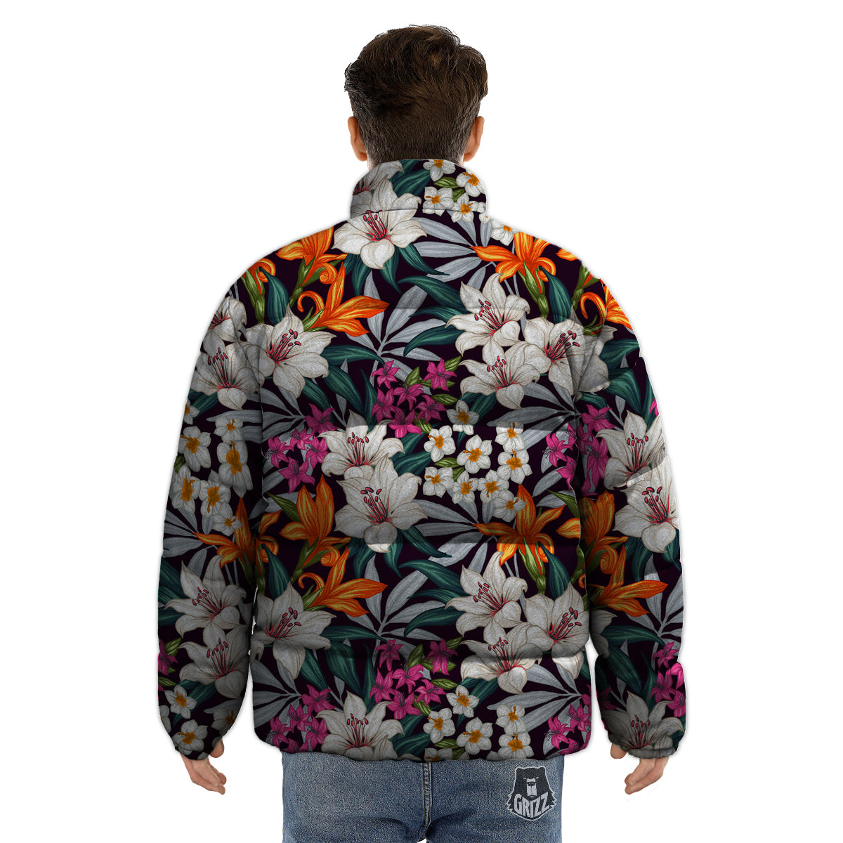 Aloha Flower Tropical Print Pattern Puffer Jacket-grizzshop