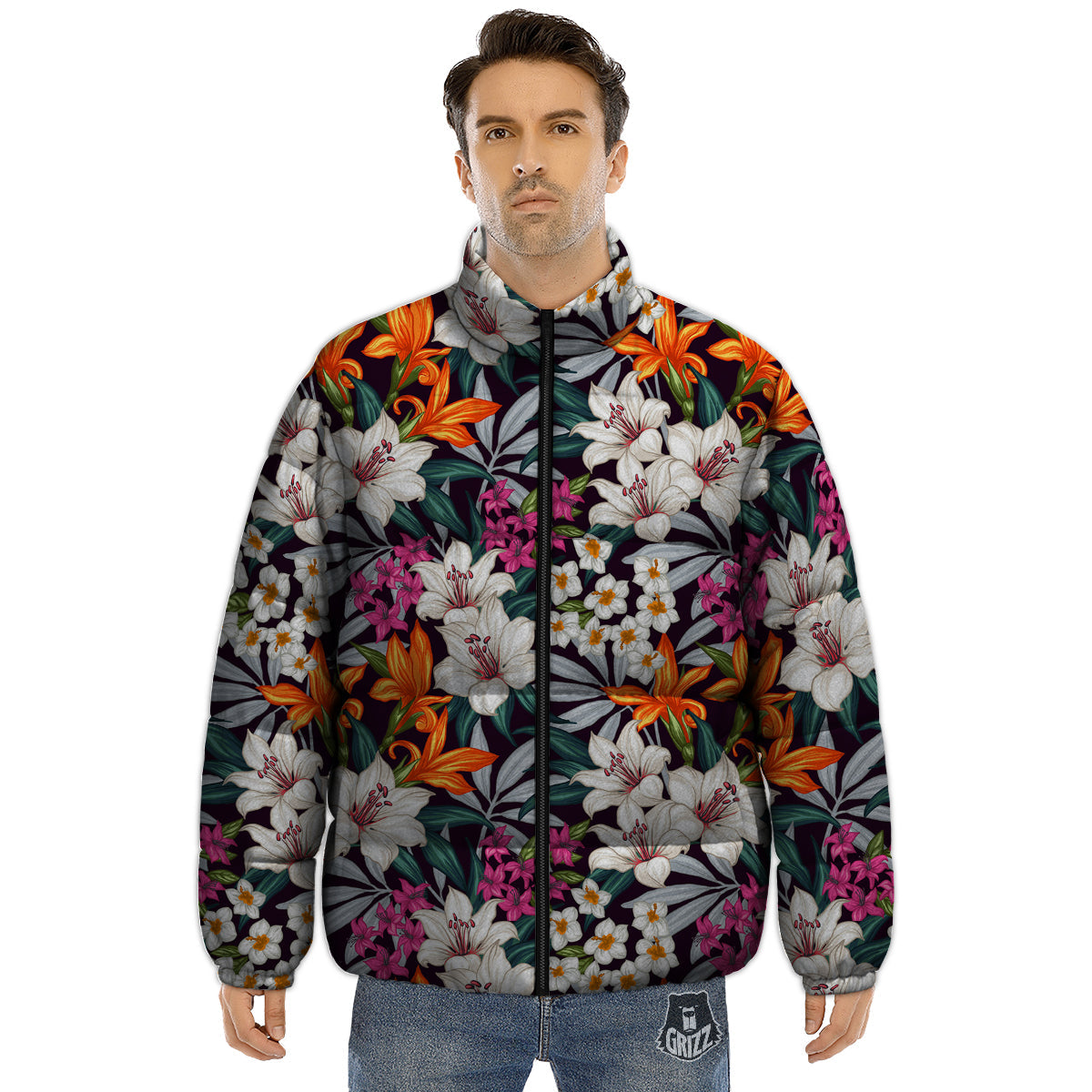 Aloha Flower Tropical Print Pattern Puffer Jacket-grizzshop