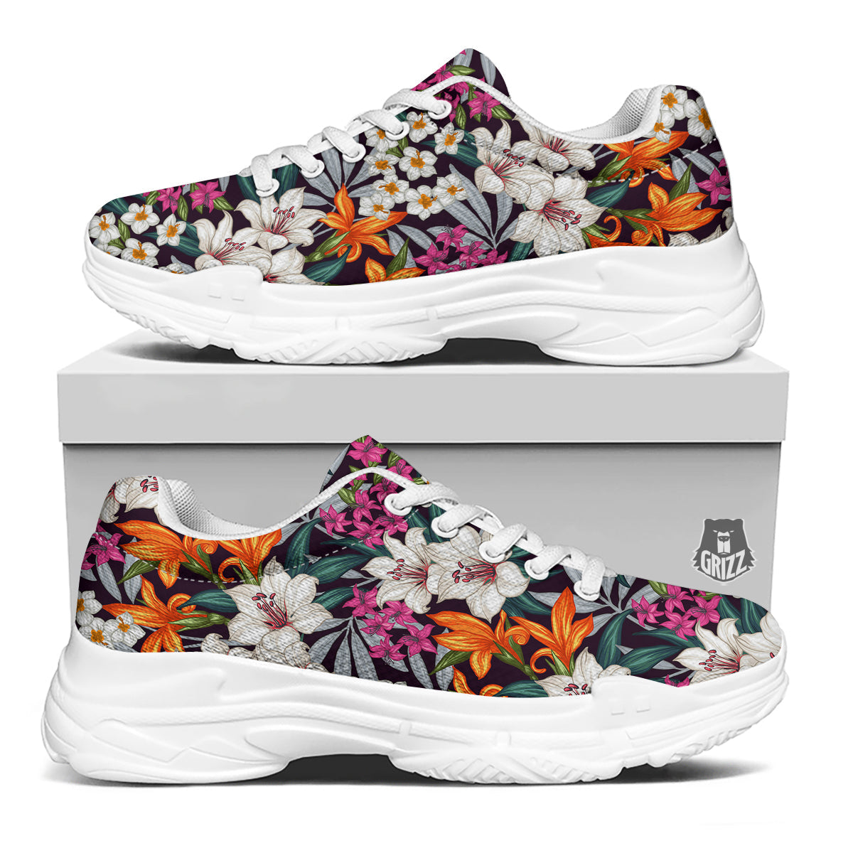 Aloha Flower Tropical Print Pattern White Chunky Shoes-grizzshop