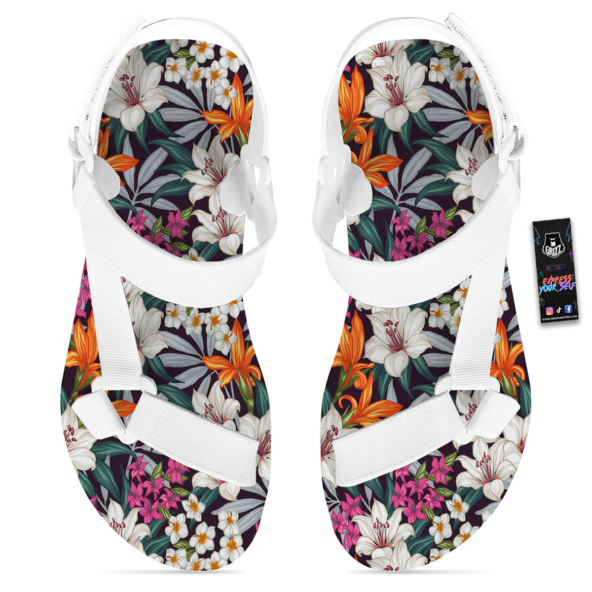 Aloha Flower Tropical Print Pattern White Open Toe Sandals-grizzshop