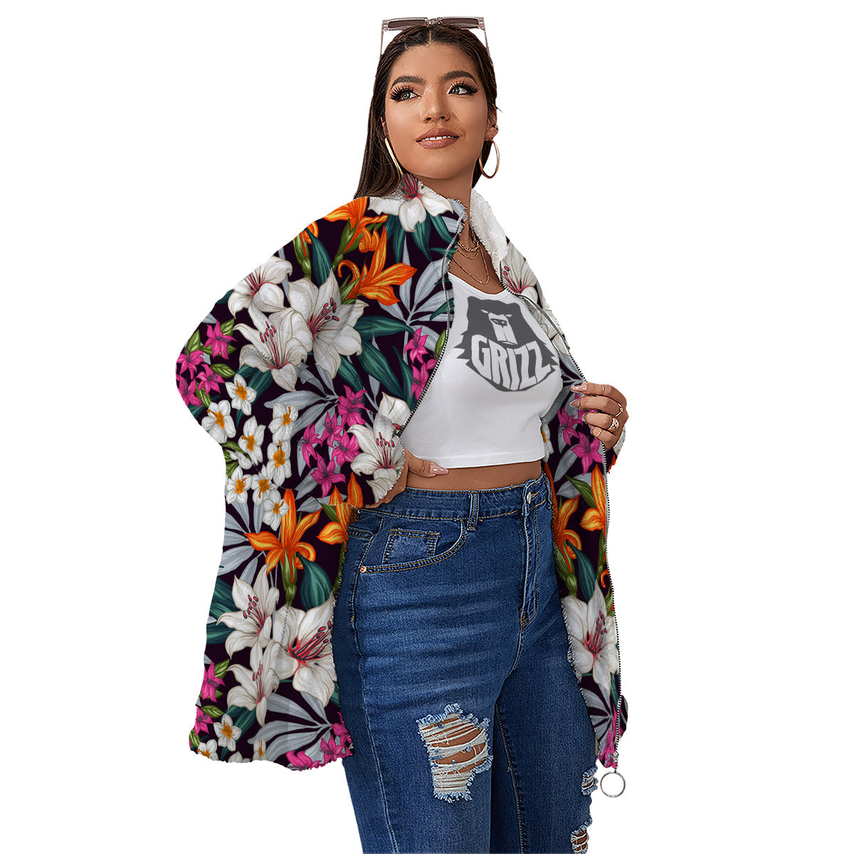 Aloha Flower Tropical Print Pattern Women's Sherpa Jacket-grizzshop