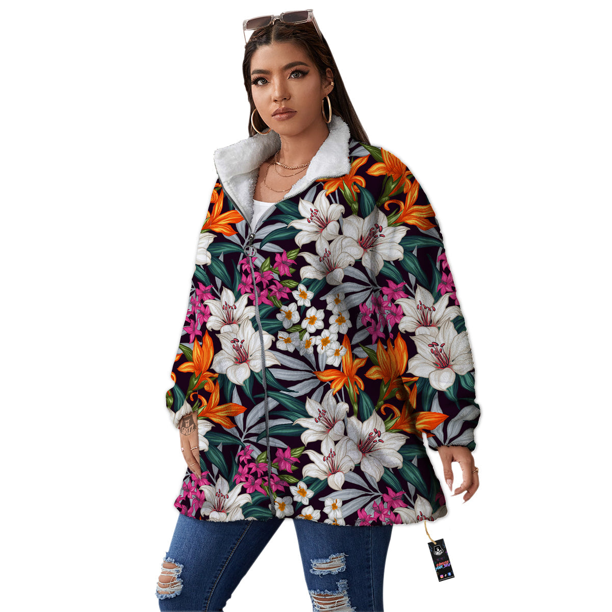 Aloha Flower Tropical Print Pattern Women's Sherpa Jacket-grizzshop