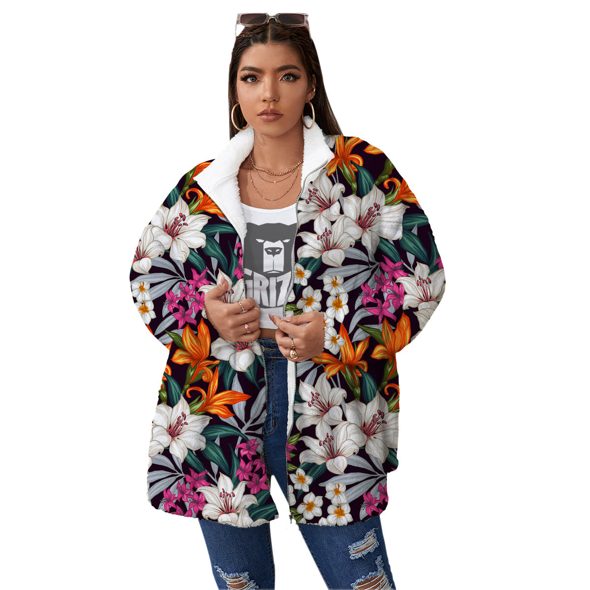 Aloha Flower Tropical Print Pattern Women's Sherpa Jacket-grizzshop