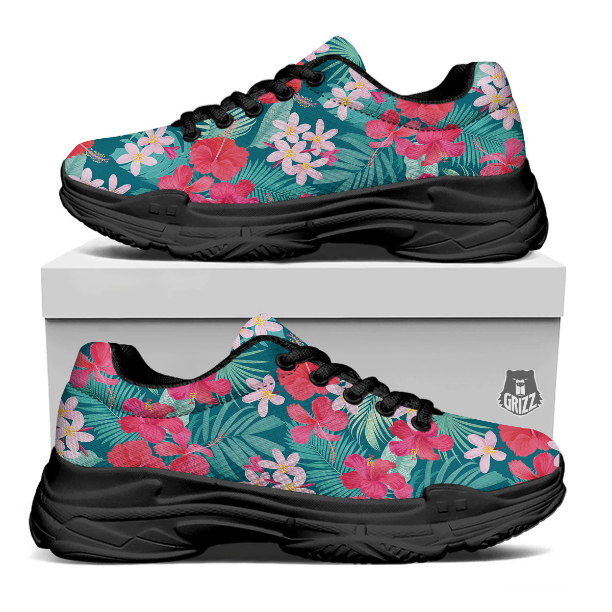 Aloha Hawaiian Flower Print Black Chunky Shoes-grizzshop