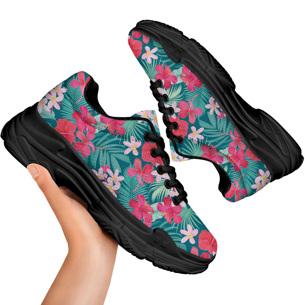 Aloha Hawaiian Flower Print Black Chunky Shoes-grizzshop