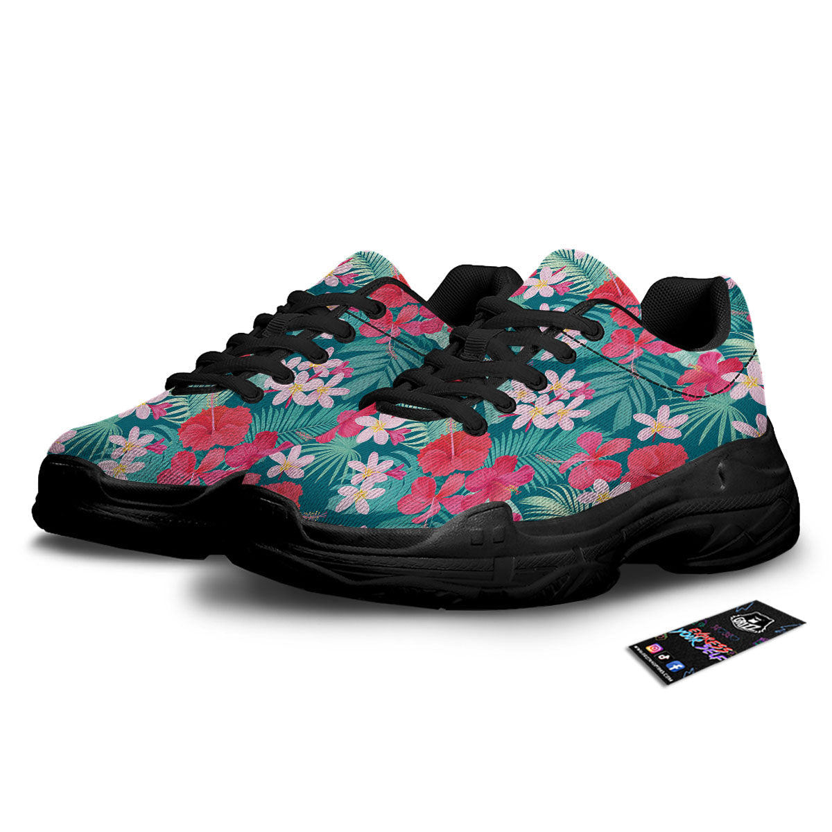 Aloha Hawaiian Flower Print Black Chunky Shoes-grizzshop