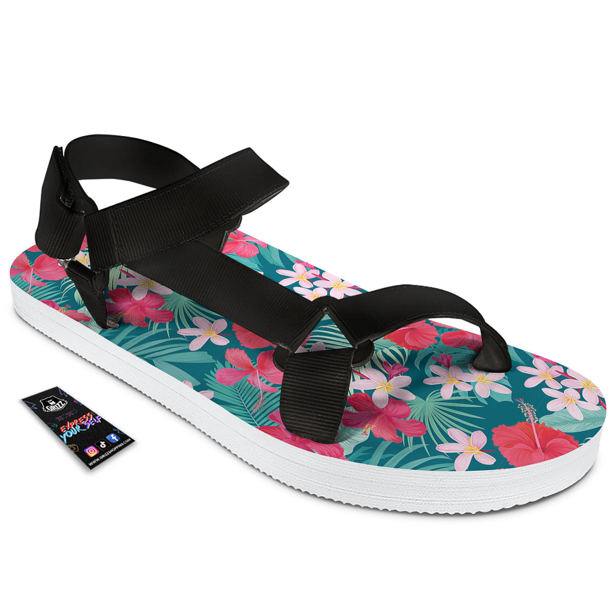 Aloha Hawaiian Flower Print Black Open Toe Sandals-grizzshop