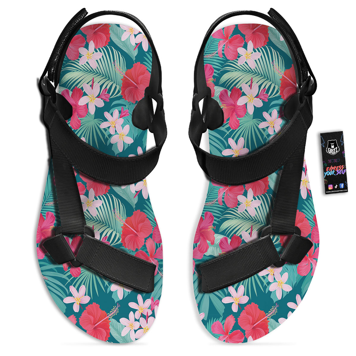 Aloha Hawaiian Flower Print Black Open Toe Sandals-grizzshop