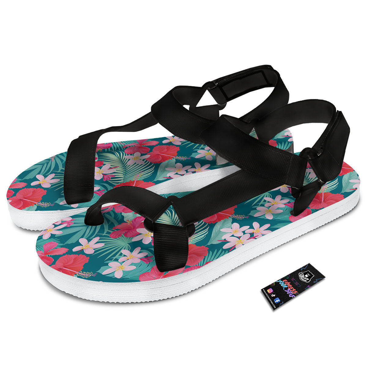 Aloha Hawaiian Flower Print Black Open Toe Sandals-grizzshop