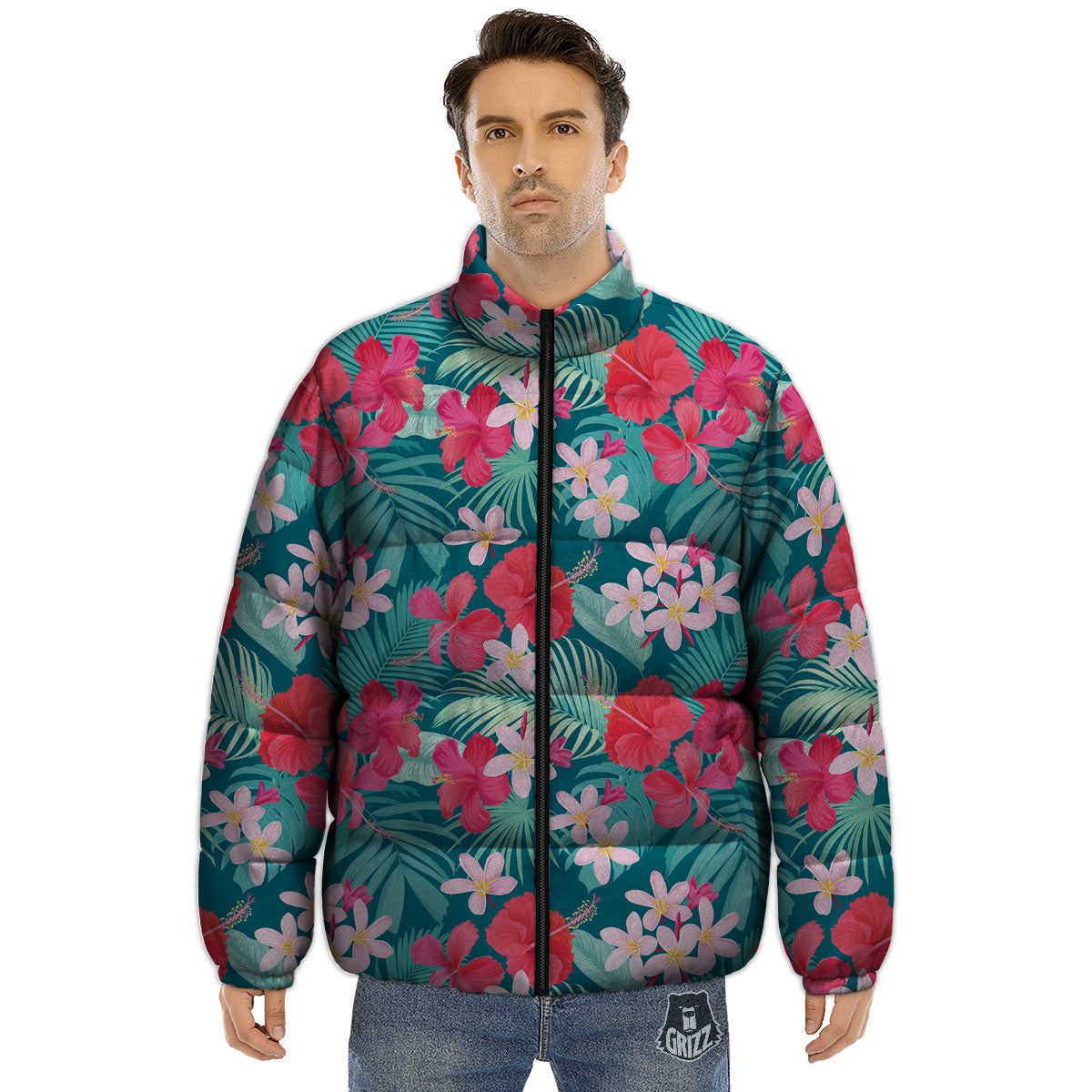 Aloha Hawaiian Flower Print Puffer Jacket-grizzshop