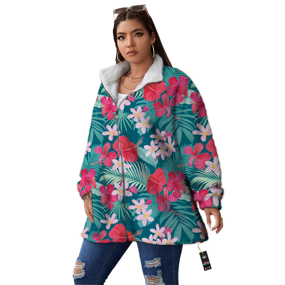 Aloha Hawaiian Flower Print Women's Sherpa Jacket-grizzshop