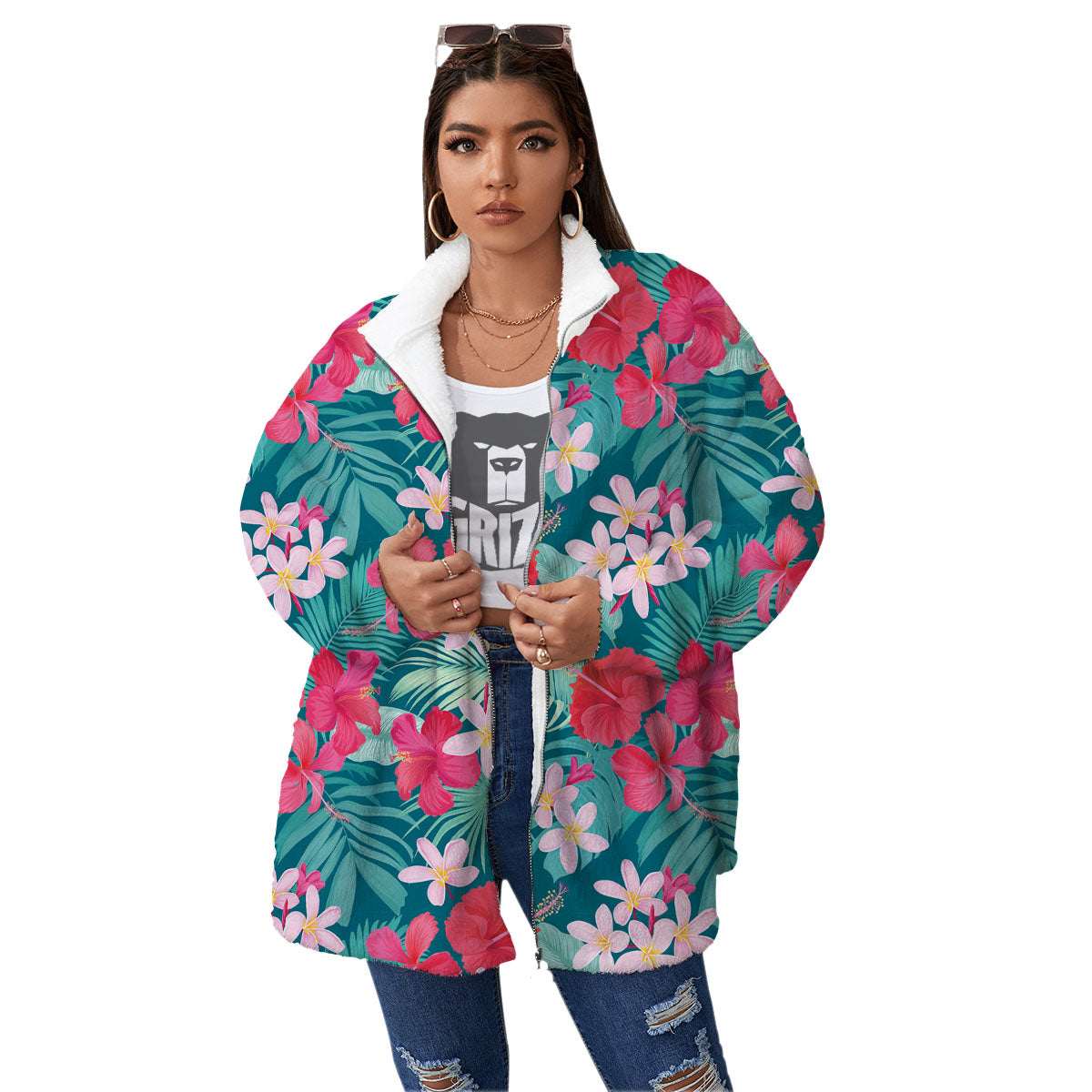 Aloha Hawaiian Flower Print Women's Sherpa Jacket-grizzshop