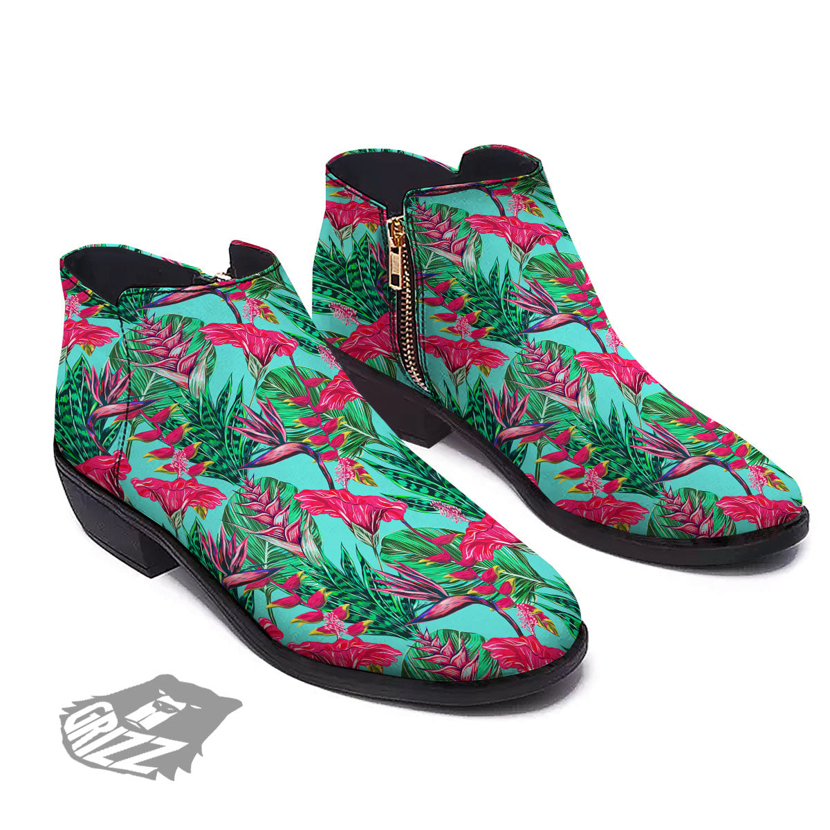 Aloha Hibiscus Hot Teal Pink Print Pattern Ankle Boots-grizzshop
