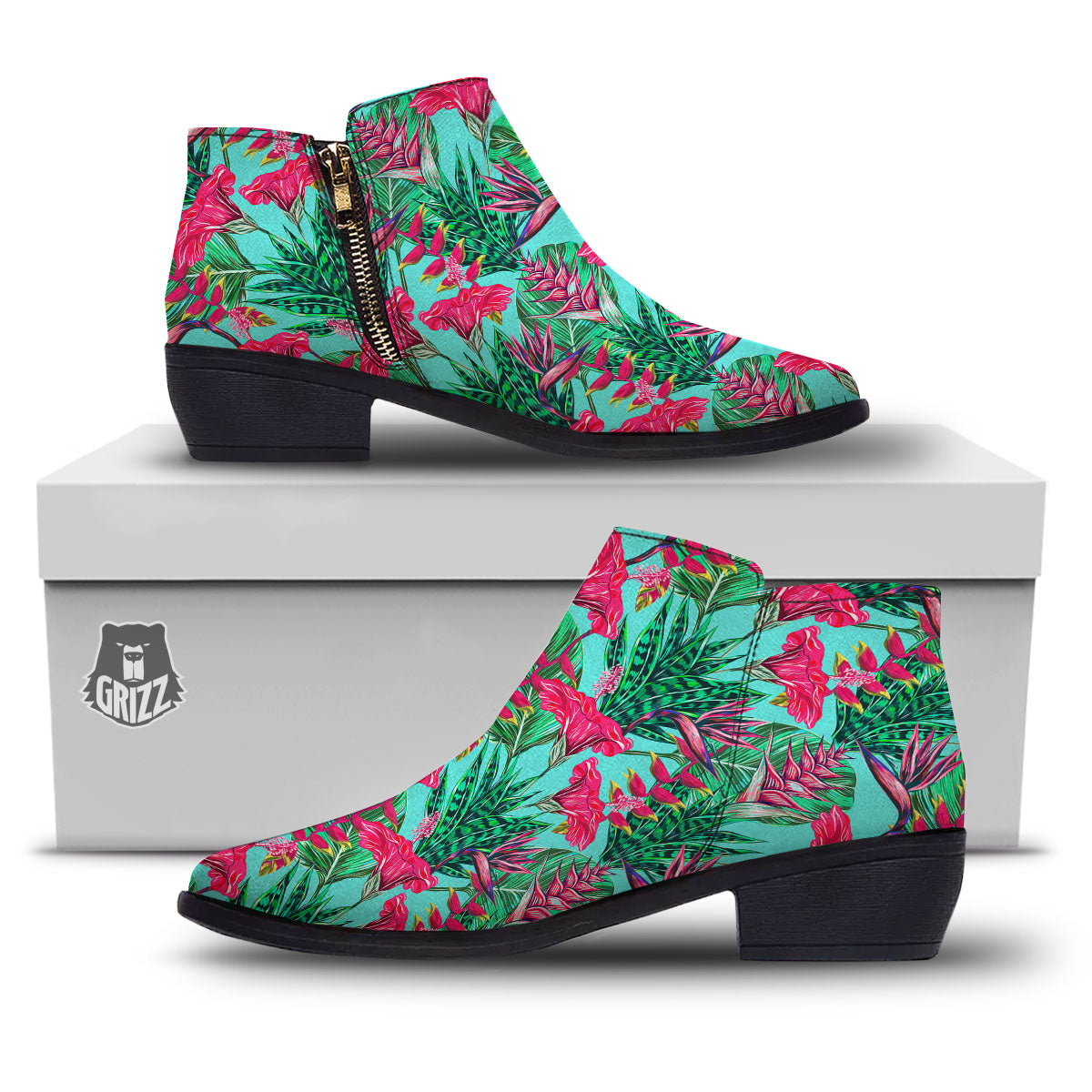 Aloha Hibiscus Hot Teal Pink Print Pattern Ankle Boots-grizzshop