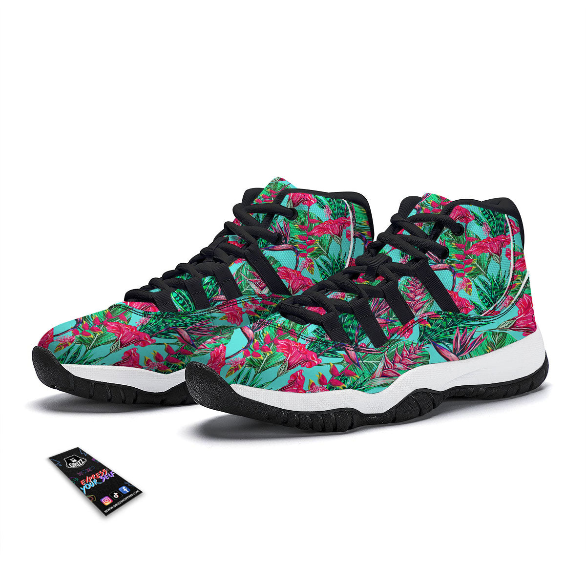 Aloha Hibiscus Hot Teal Pink Print Pattern Black Bball Shoes-grizzshop