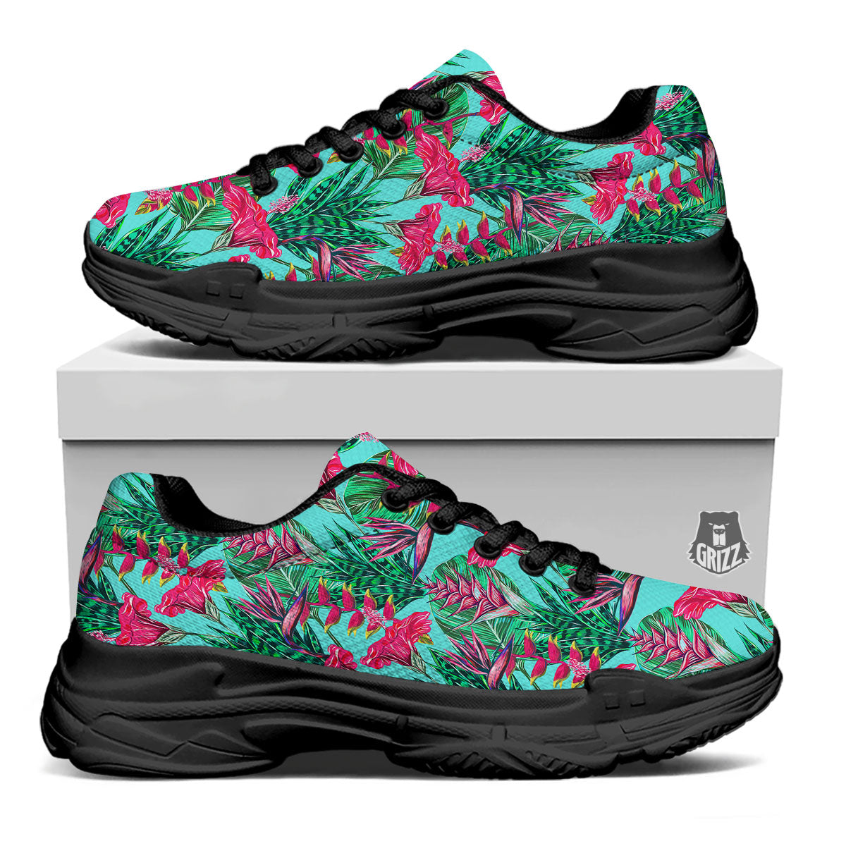 Aloha Hibiscus Hot Teal Pink Print Pattern Black Chunky Shoes-grizzshop